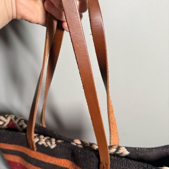 Woven Kilim rug tapestry tote bag leather straps Turkish western Aztec medium si - Picture 9 of 15